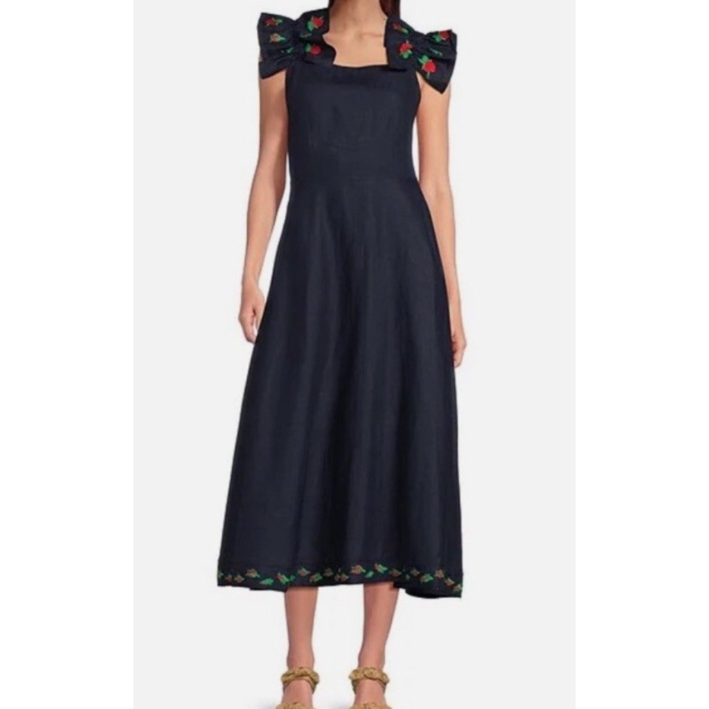 Fanm Mon Dress Linen Embroidered Rose Ruffle Sleeve Swing Maxi Navy Blue Size Xl